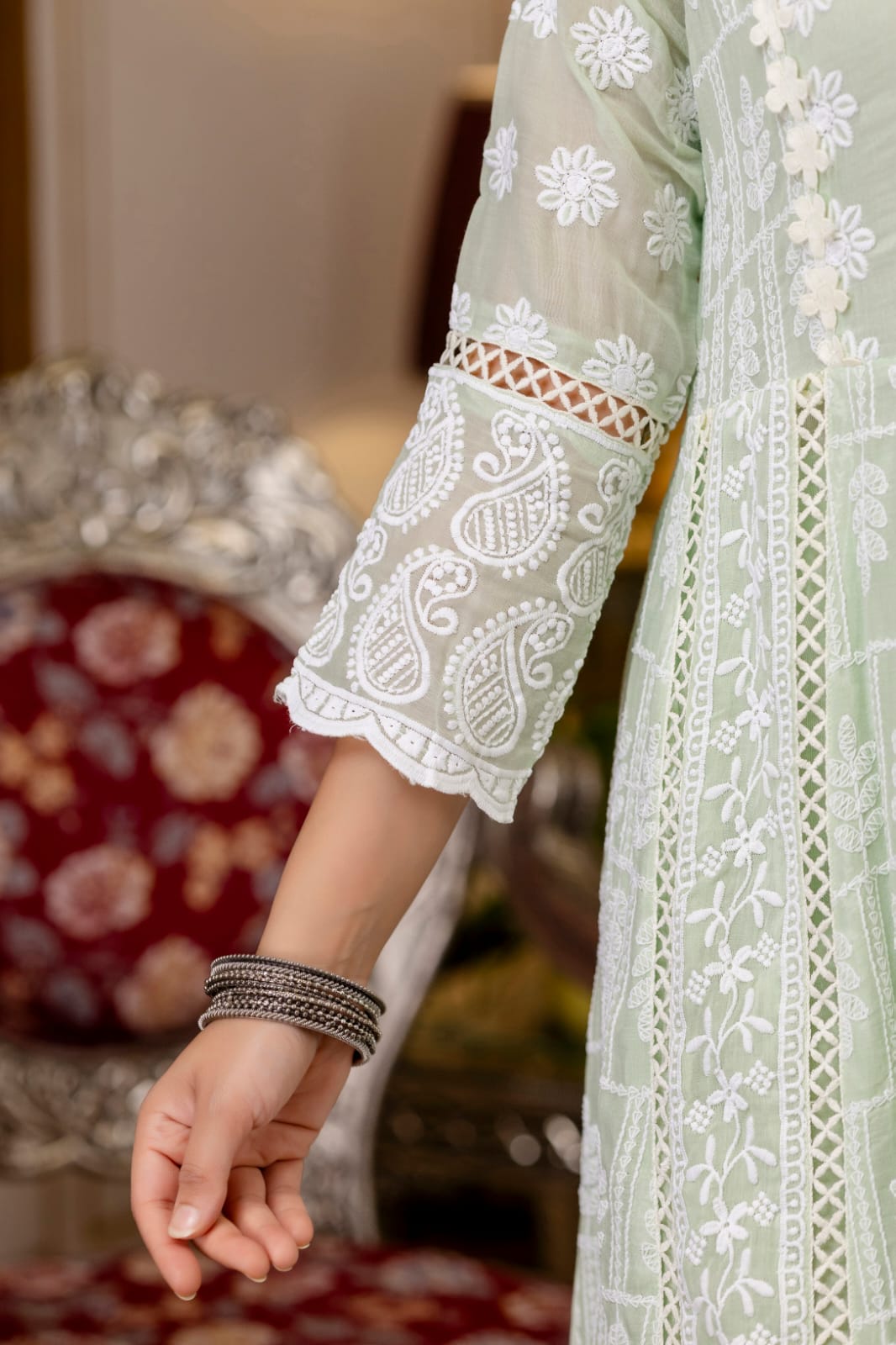 Women's Gown Pant Dupatta Set in Lemon Yellow and Pista Mal Cotton with Lucknowi Embroidery