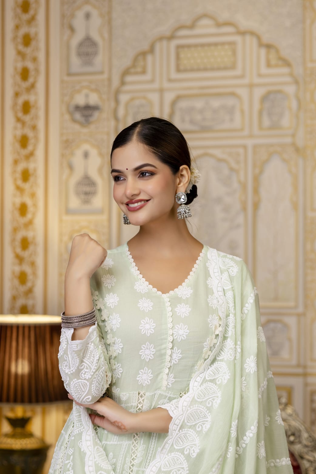Women's Gown Pant Dupatta Set in Lemon Yellow and Pista Mal Cotton with Lucknowi Embroidery