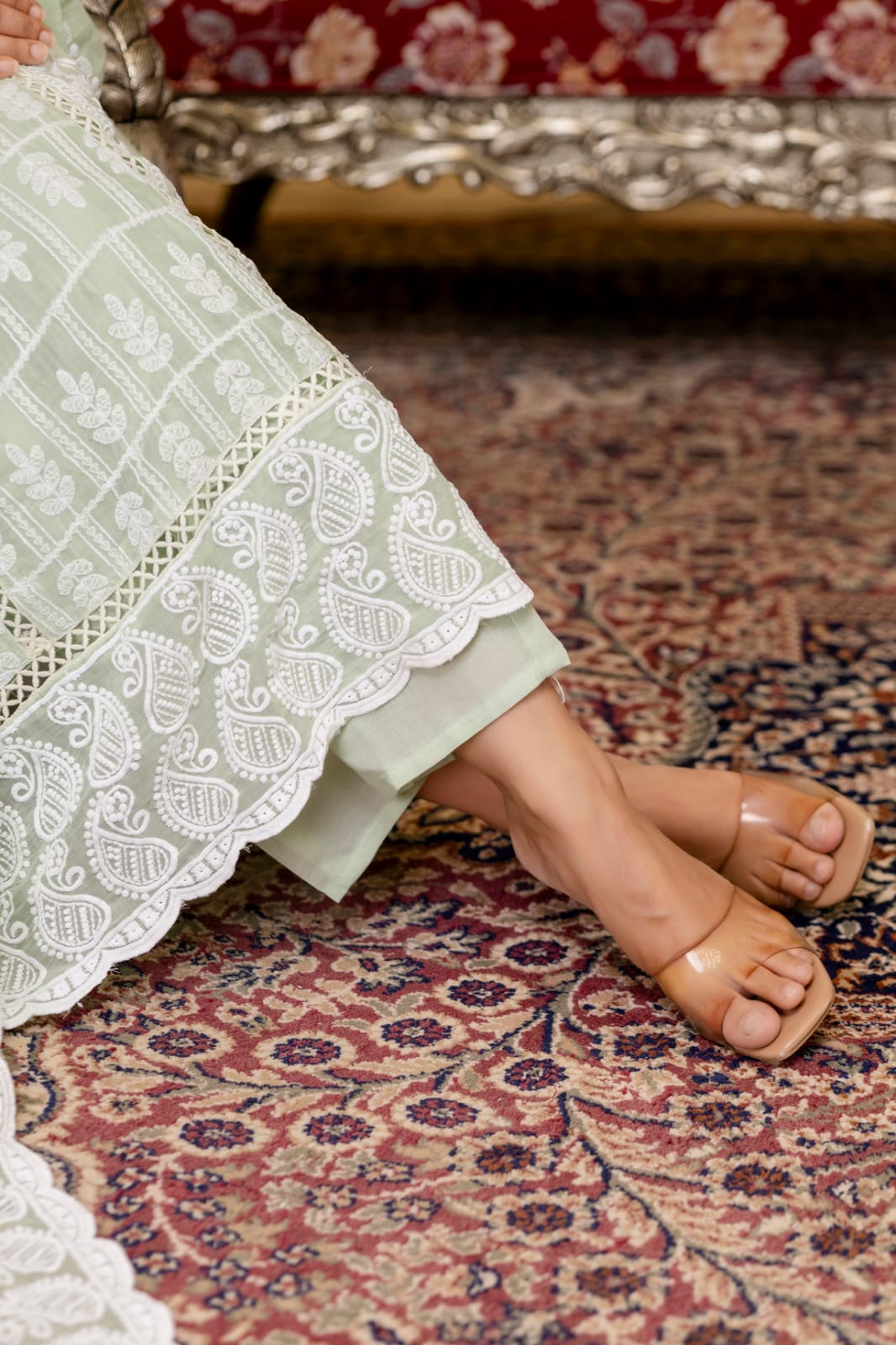 Women's Gown Pant Dupatta Set in Lemon Yellow and Pista Mal Cotton with Lucknowi Embroidery