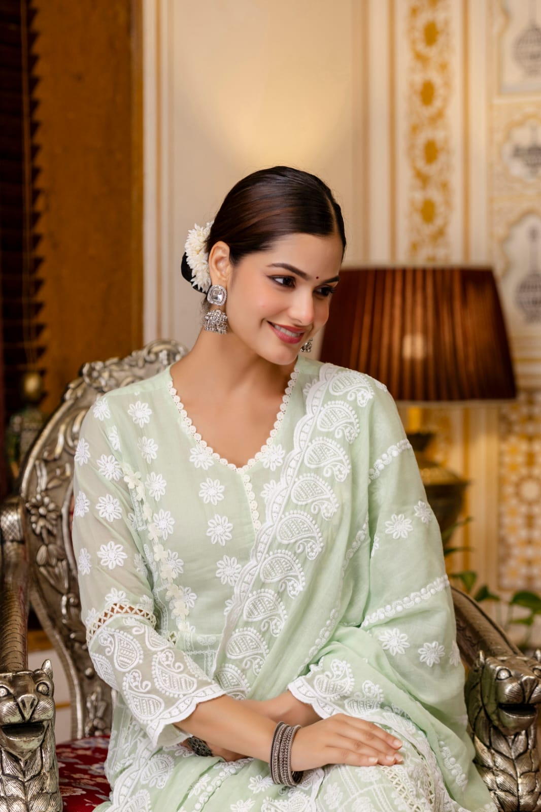 Women's Gown Pant Dupatta Set in Lemon Yellow and Pista Mal Cotton with Lucknowi Embroidery