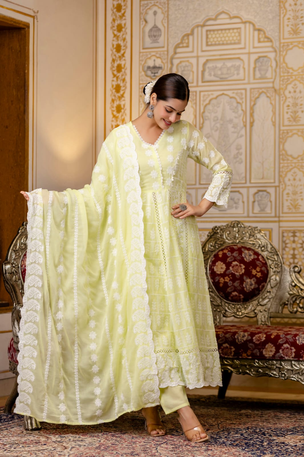 Women's Gown Pant Dupatta Set in Lemon Yellow and Pista Mal Cotton with Lucknowi Embroidery