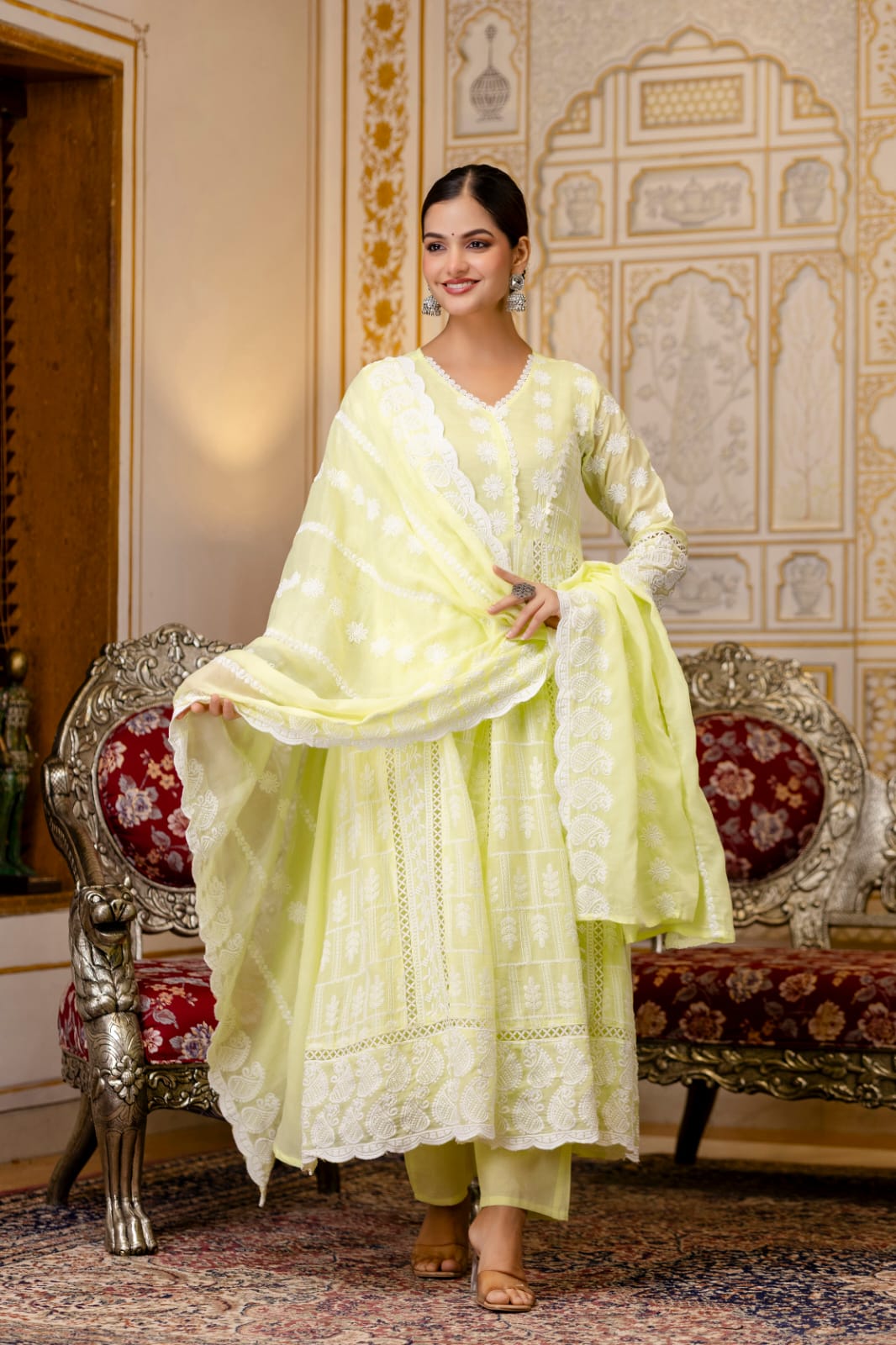 Women's Gown Pant Dupatta Set in Lemon Yellow and Pista Mal Cotton with Lucknowi Embroidery