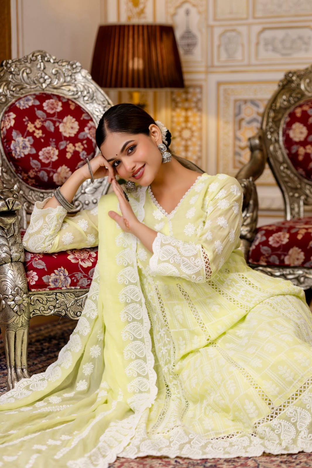 Women's Gown Pant Dupatta Set in Lemon Yellow and Pista Mal Cotton with Lucknowi Embroidery