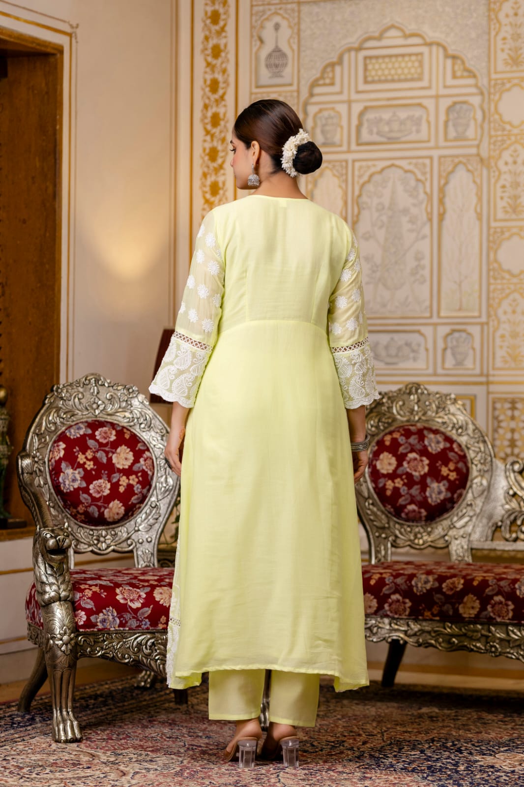 Women's Gown Pant Dupatta Set in Lemon Yellow and Pista Mal Cotton with Lucknowi Embroidery