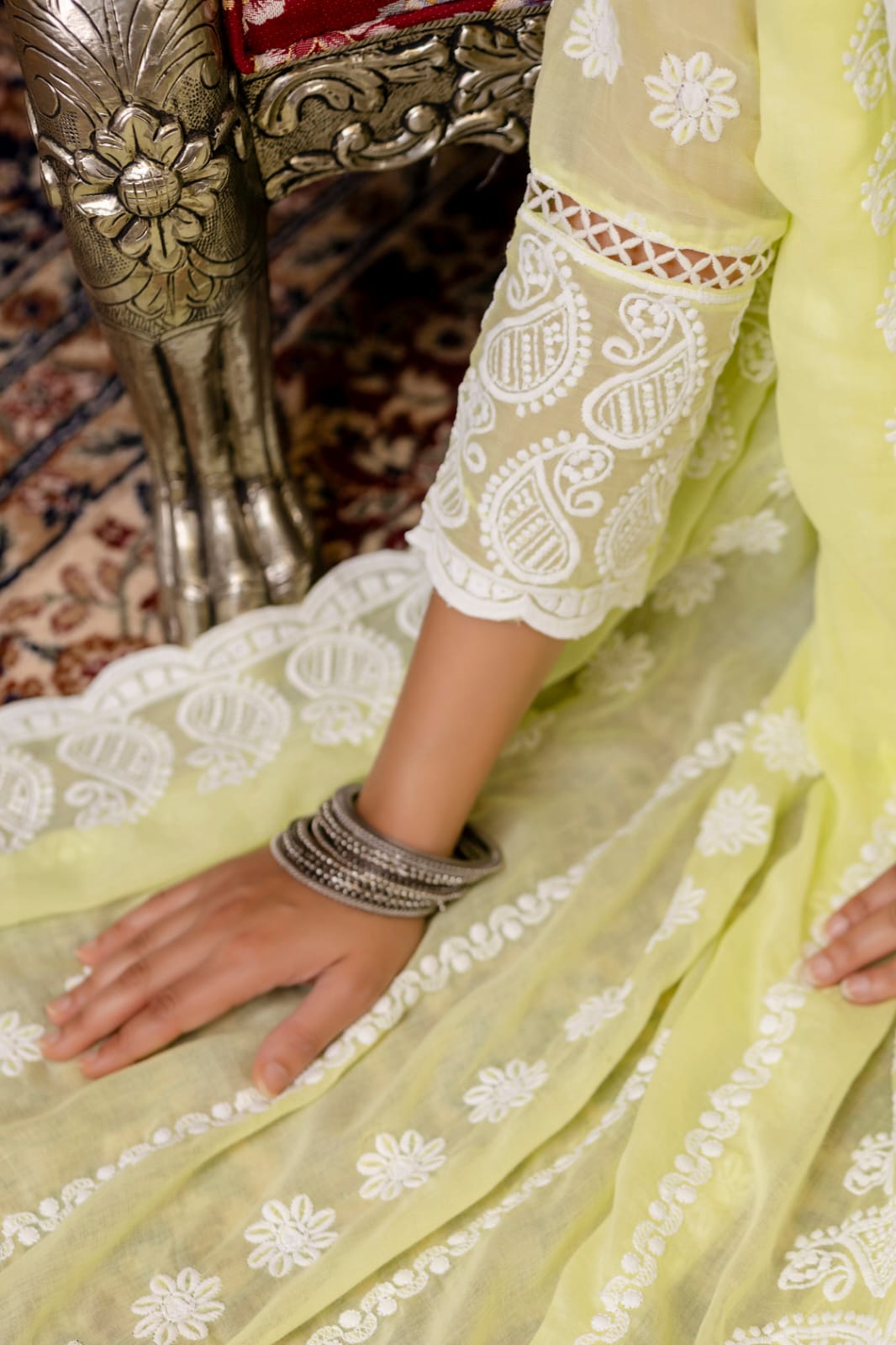 Women's Gown Pant Dupatta Set in Lemon Yellow and Pista Mal Cotton with Lucknowi Embroidery