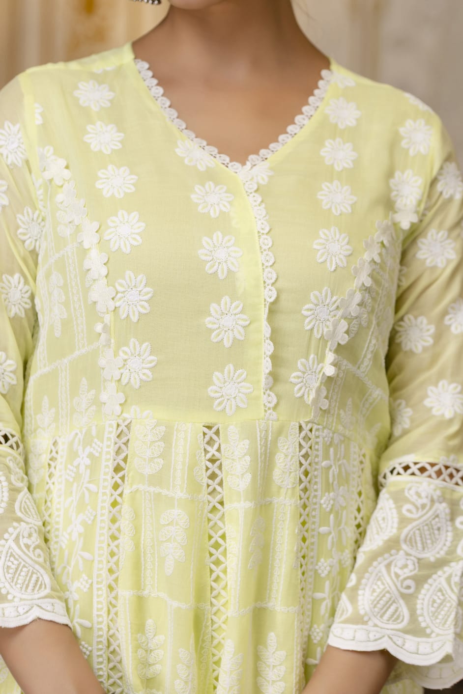 Women's Gown Pant Dupatta Set in Lemon Yellow and Pista Mal Cotton with Lucknowi Embroidery