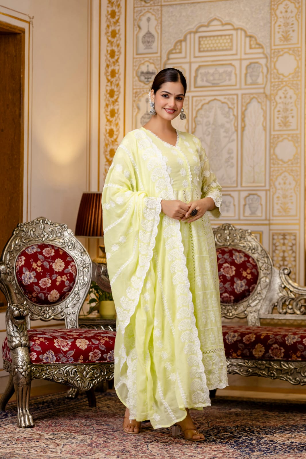Women's Gown Pant Dupatta Set in Lemon Yellow and Pista Mal Cotton with Lucknowi Embroidery