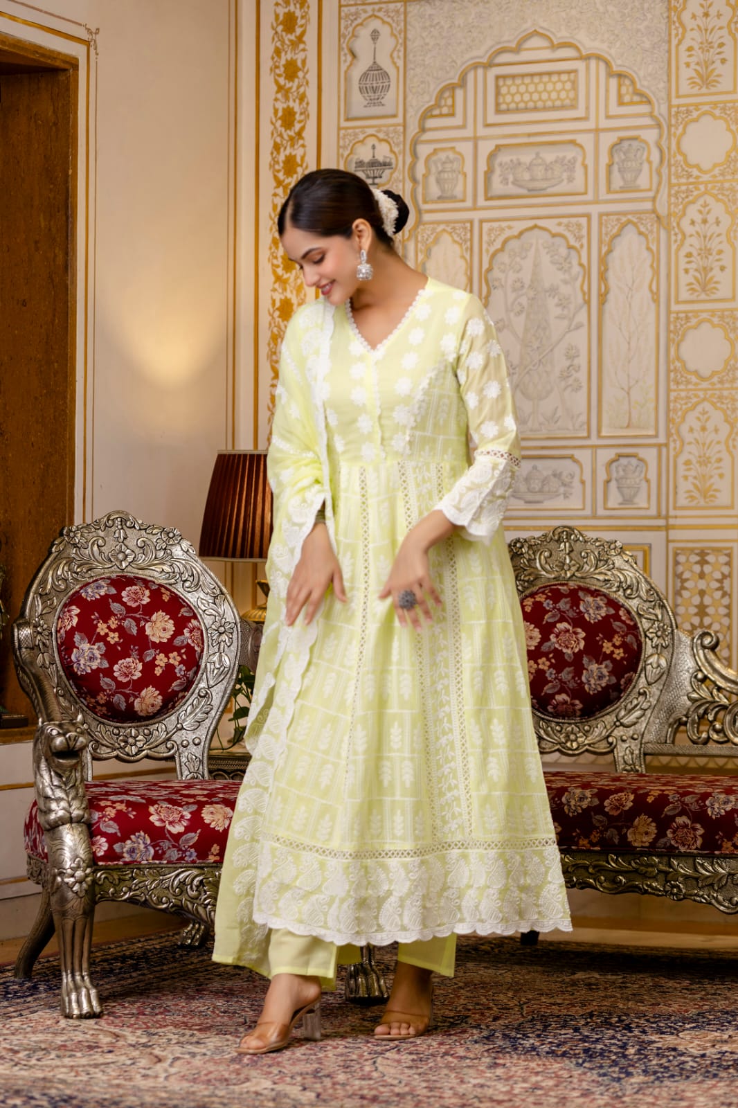 Women's Gown Pant Dupatta Set in Lemon Yellow and Pista Mal Cotton with Lucknowi Embroidery