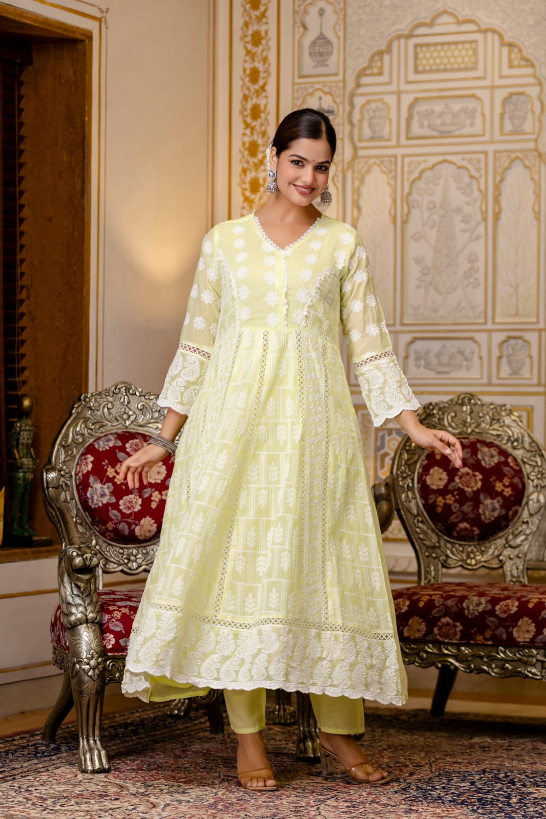 Women's Gown Pant Dupatta Set in Lemon Yellow and Pista Mal Cotton with Lucknowi Embroidery