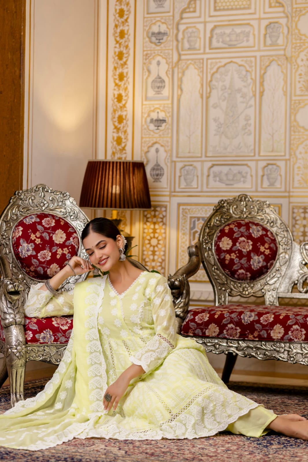 Women's Gown Pant Dupatta Set in Lemon Yellow and Pista Mal Cotton with Lucknowi Embroidery