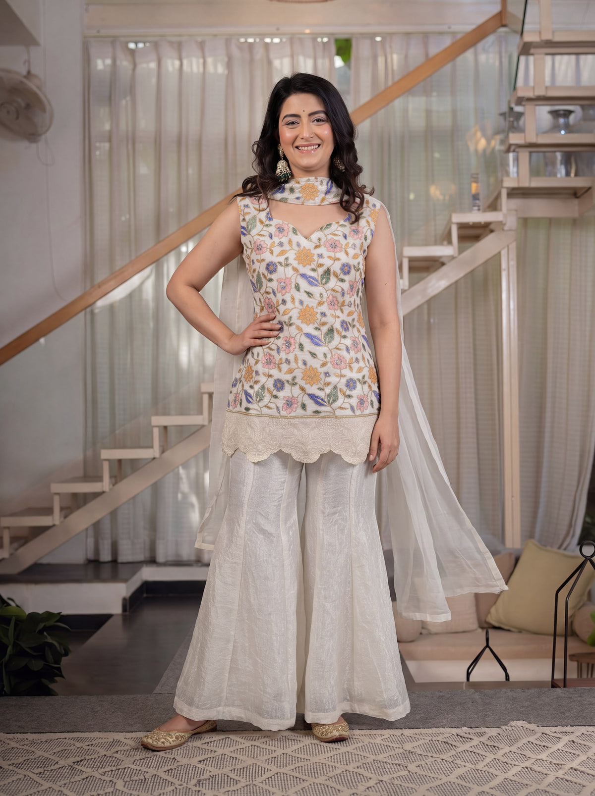 Women's SharWomen's Sharara Set in Cream Fendi Crush with Floral Embroidery