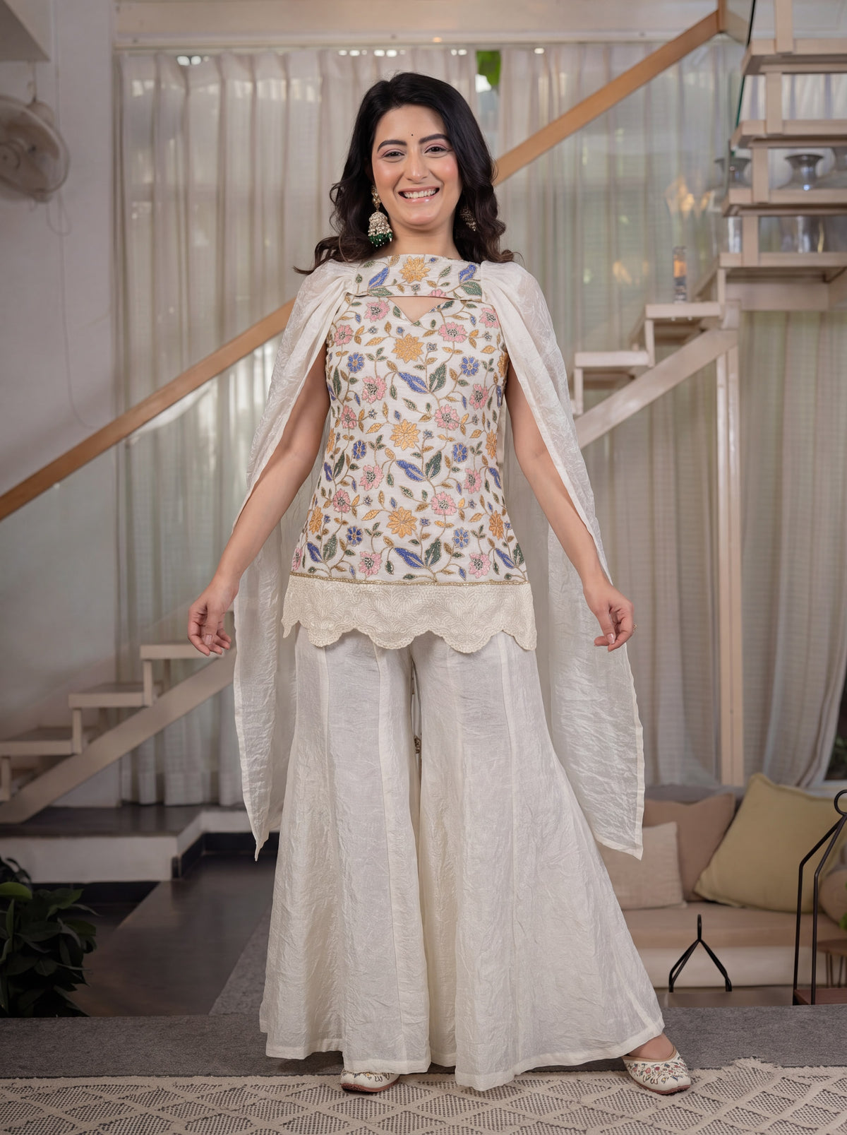 Women's SharWomen's Sharara Set in Cream Fendi Crush with Floral Embroidery