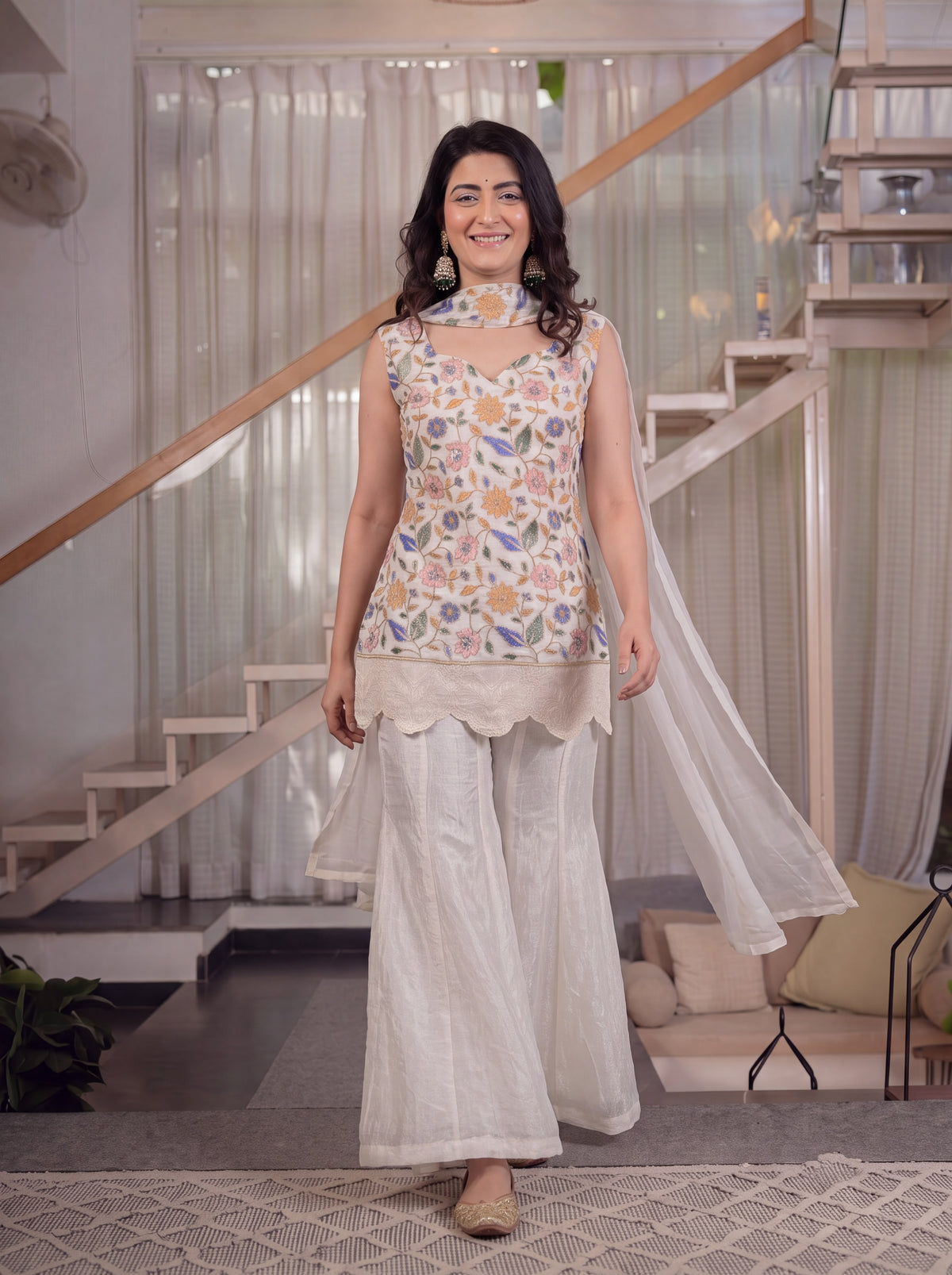 Women's SharWomen's Sharara Set in Cream Fendi Crush with Floral Embroidery