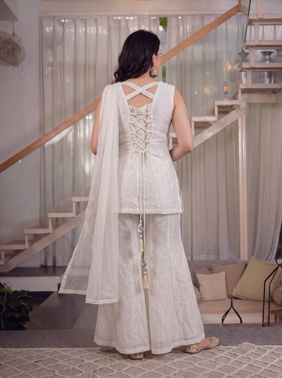 Women's SharWomen's Sharara Set in Cream Fendi Crush with Floral Embroidery
