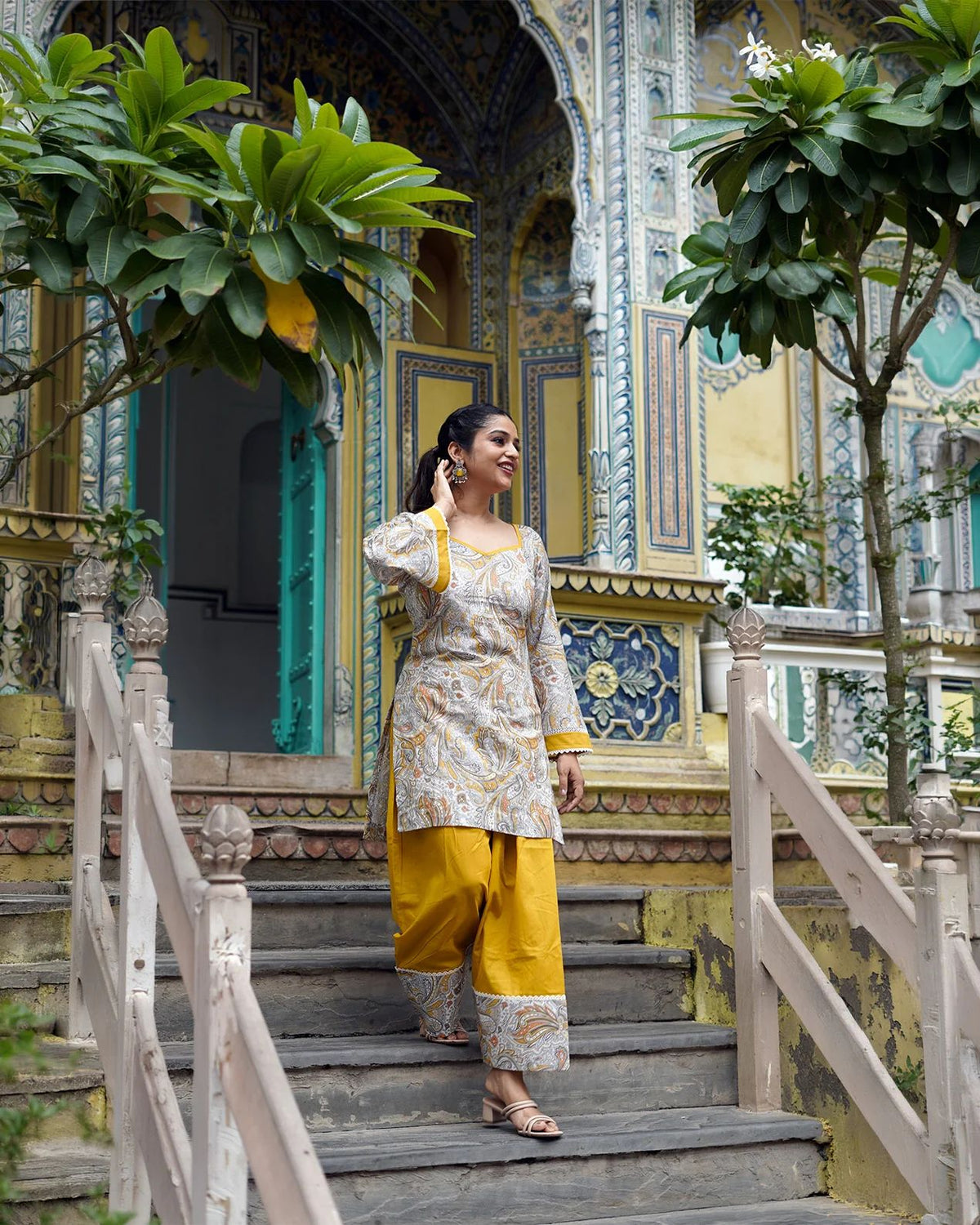 Women's Farshi Salwar Set in Mustard Yellow and Cream Natural Crepe with Digital Print