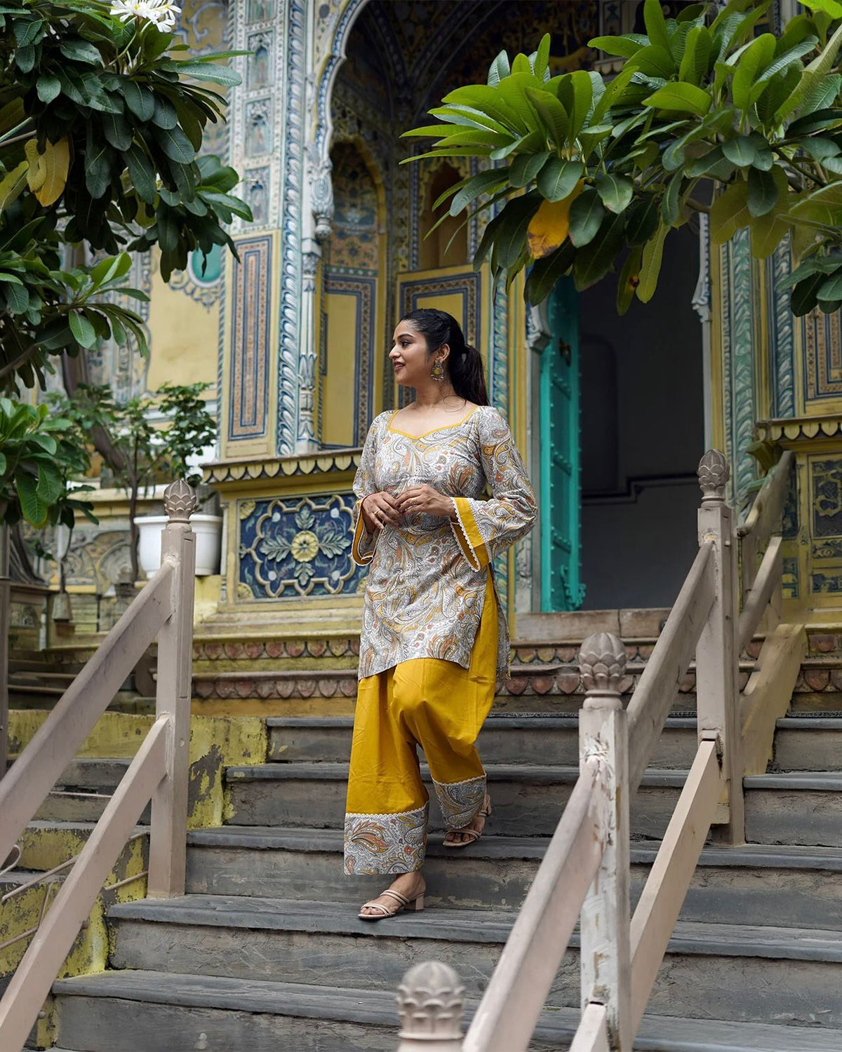 Women's Farshi Salwar Set in Mustard Yellow and Cream Natural Crepe with Digital Print