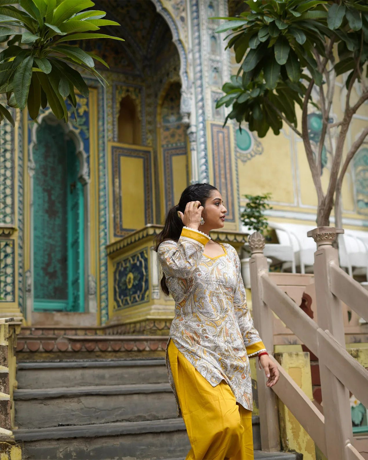 Women's Farshi Salwar Set in Mustard Yellow and Cream Natural Crepe with Digital Print