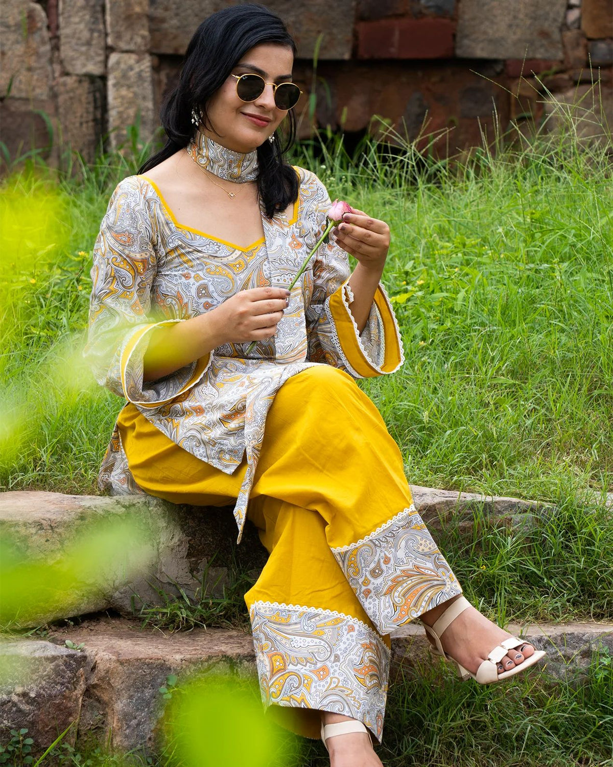 Women's Farshi Salwar Set in Mustard Yellow and Cream Natural Crepe with Digital Print