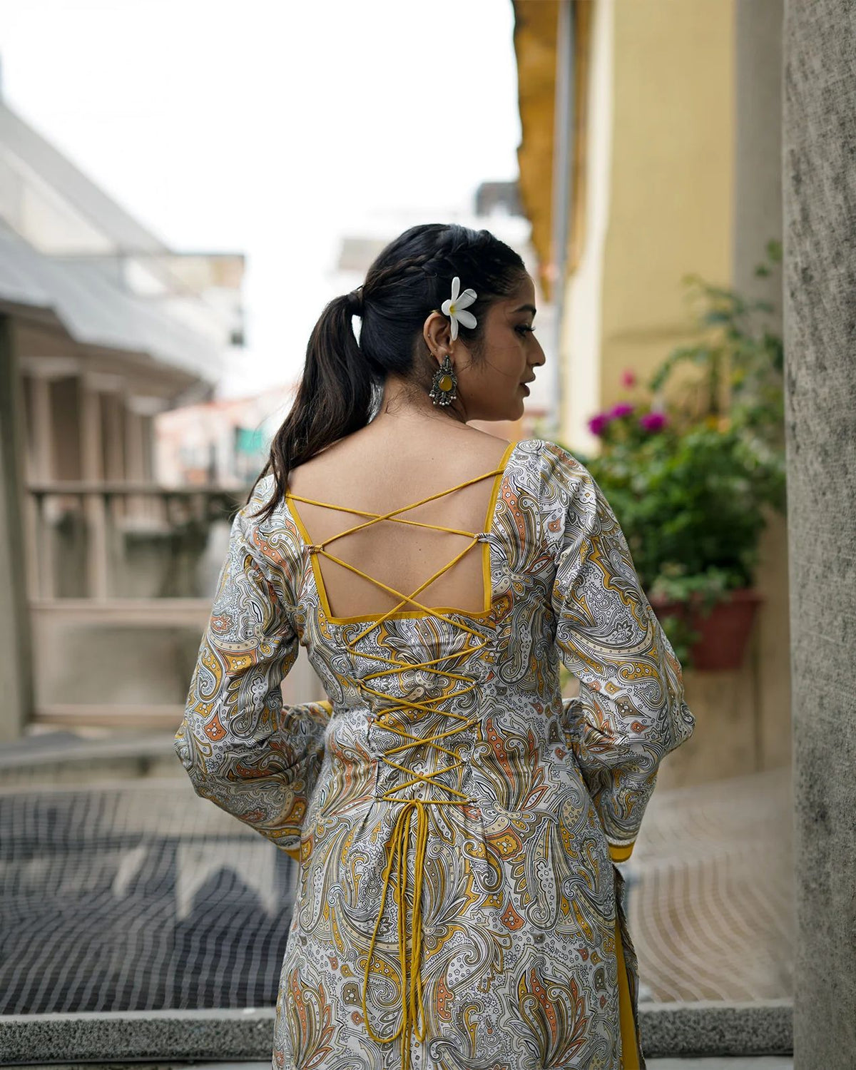 Women's Farshi Salwar Set in Mustard Yellow and Cream Natural Crepe with Digital Print