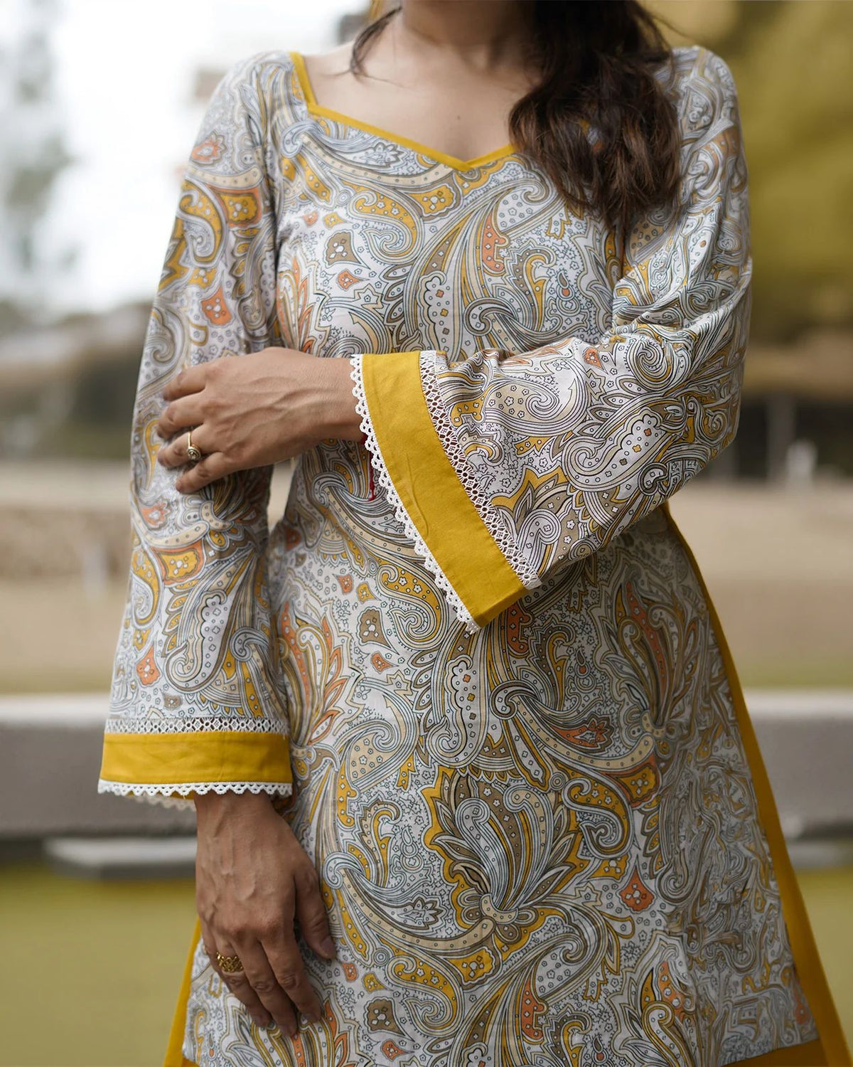 Women's Farshi Salwar Set in Mustard Yellow and Cream Natural Crepe with Digital Print