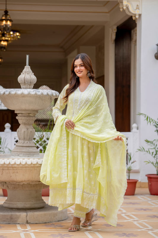 Women's Gown Pant Dupatta Set in Lemon Yellow and Pista Mal Cotton with Lucknowi Embroidery