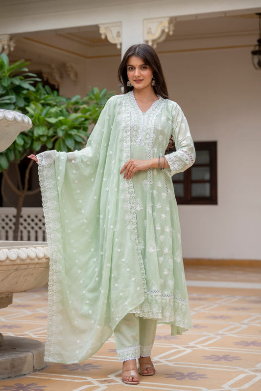 Women's Gown Pant Dupatta Set in Lemon Yellow and Pista Mal Cotton with Lucknowi Embroidery