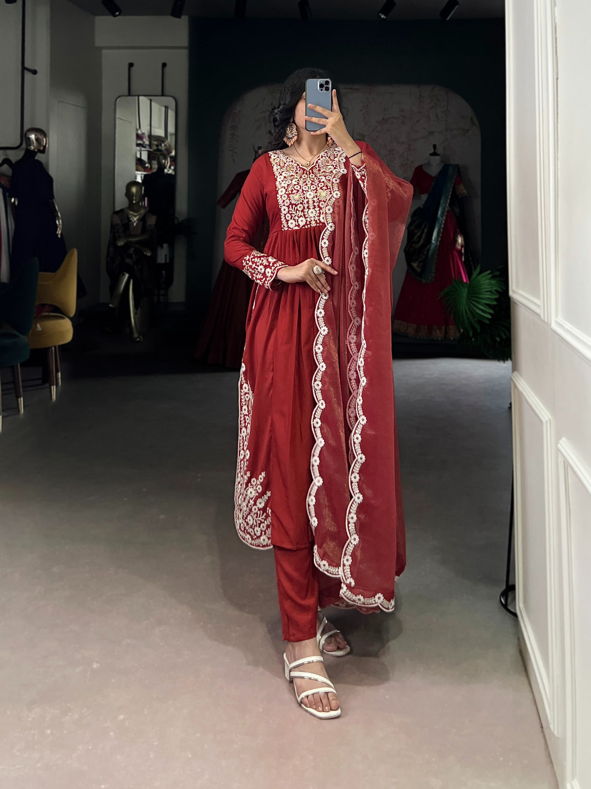 Women's Anarkali Suit in Wine Red Maska Cotton with Sequins and Thread Embroidery