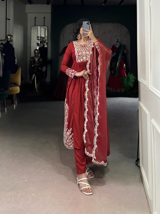 Women's Anarkali Suit in Wine Red Maska Cotton with Sequins and Thread Embroidery