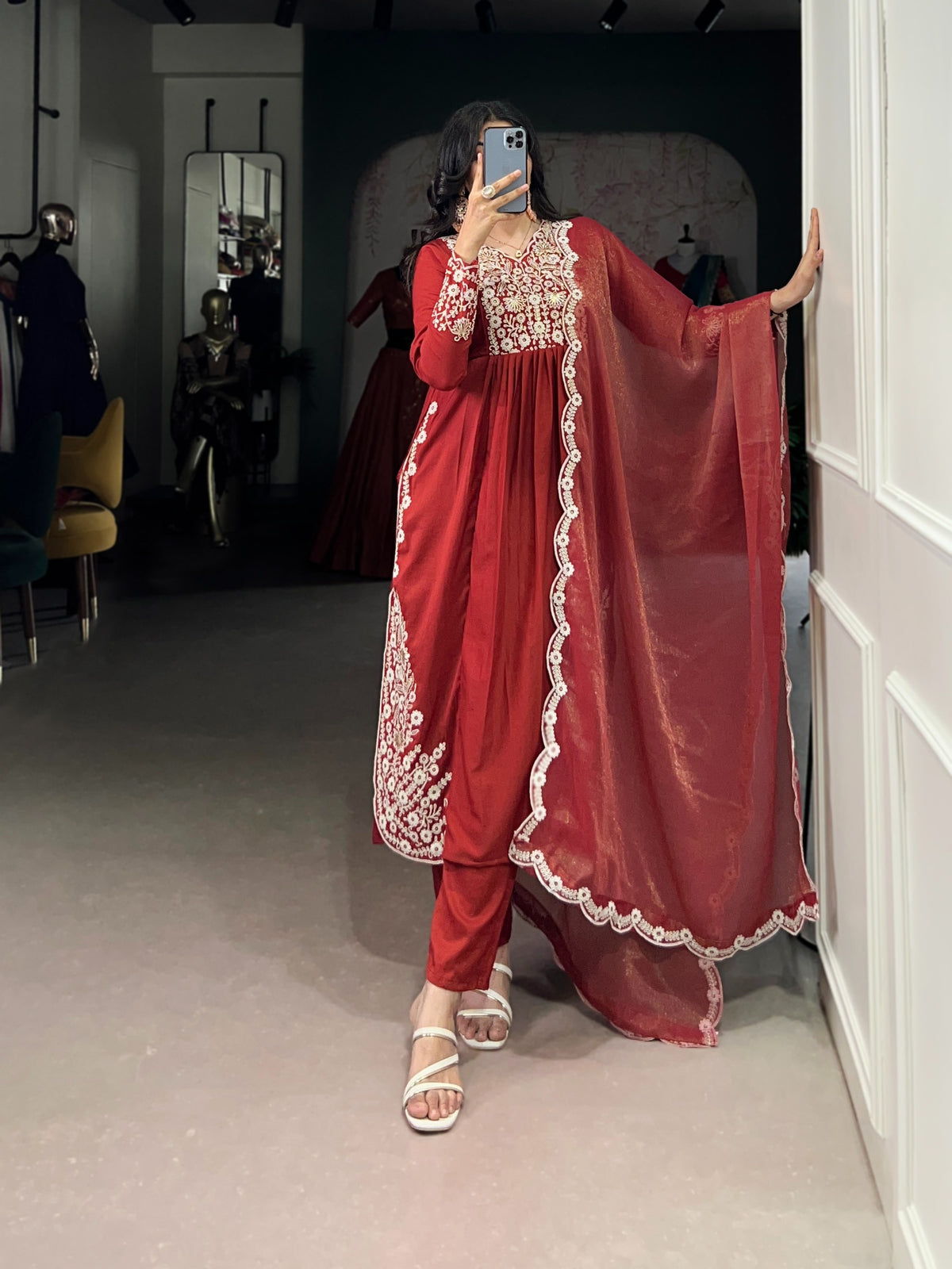 Women's Anarkali Suit in Wine Red Maska Cotton with Sequins and Thread Embroidery