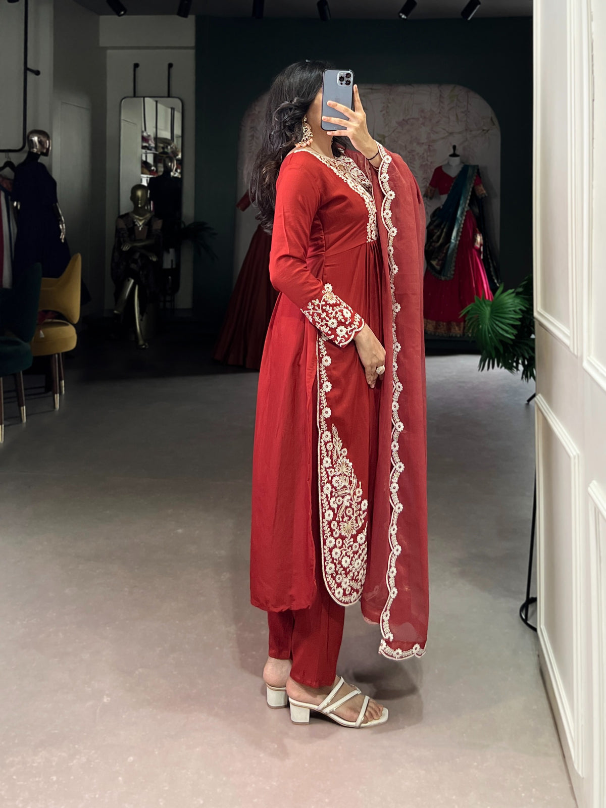 Women's Anarkali Suit in Wine Red Maska Cotton with Sequins and Thread Embroidery