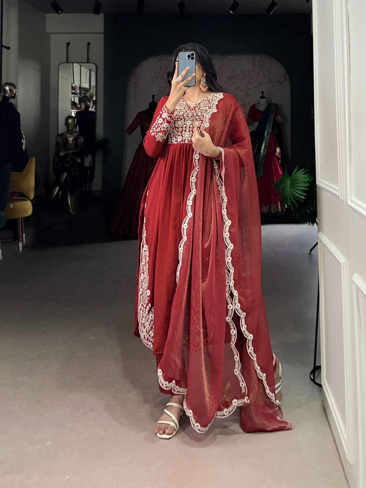 Women's Anarkali Suit in Wine Red Maska Cotton with Sequins and Thread Embroidery