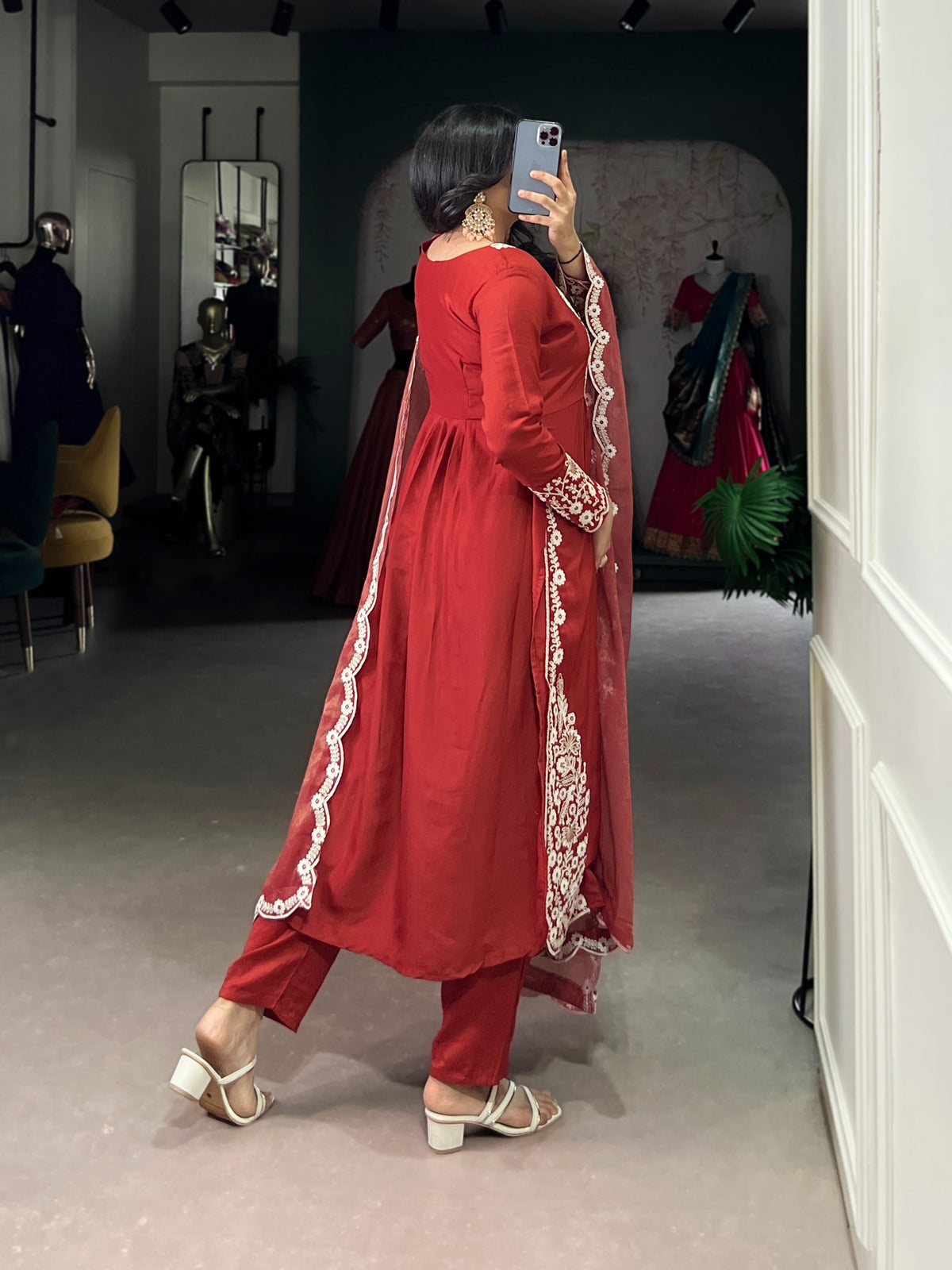 Women's Anarkali Suit in Wine Red Maska Cotton with Sequins and Thread Embroidery