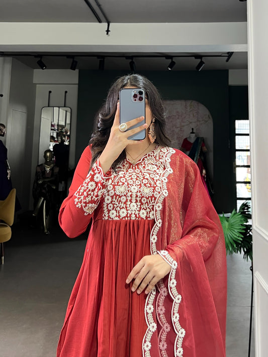 Women's Anarkali Suit in Wine Red Maska Cotton with Sequins and Thread Embroidery
