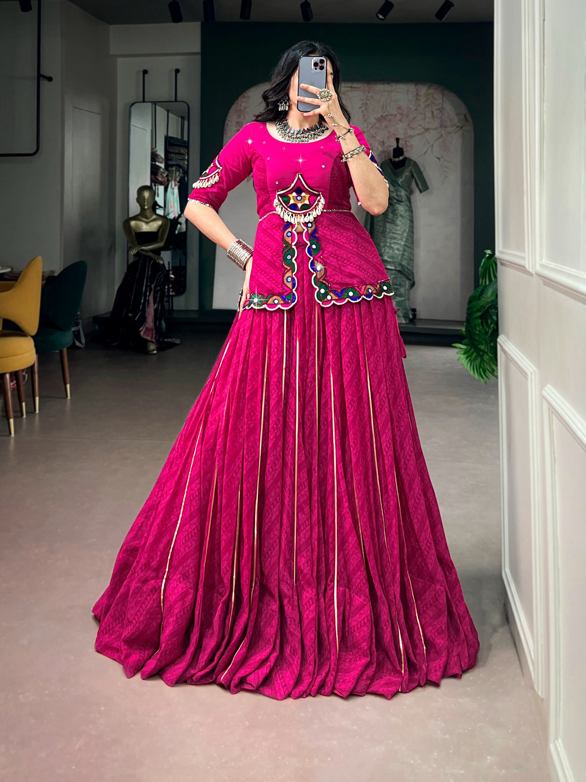 Women's Lehenga Choli in Magenta Georgette with Gota Patti and Gamthi Mirror Work