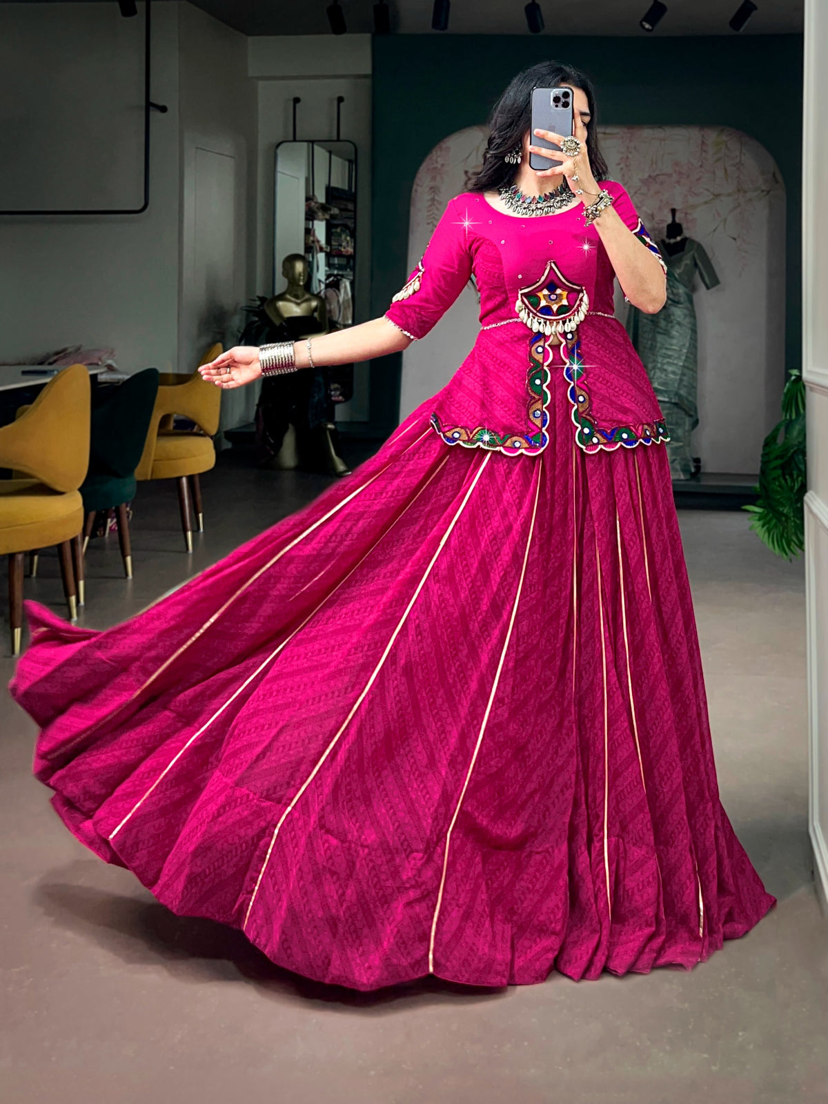 Women's Lehenga Choli in Magenta Georgette with Gota Patti and Gamthi Mirror Work