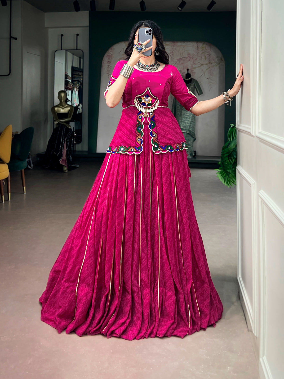 Women's Lehenga Choli in Magenta Georgette with Gota Patti and Gamthi Mirror Work