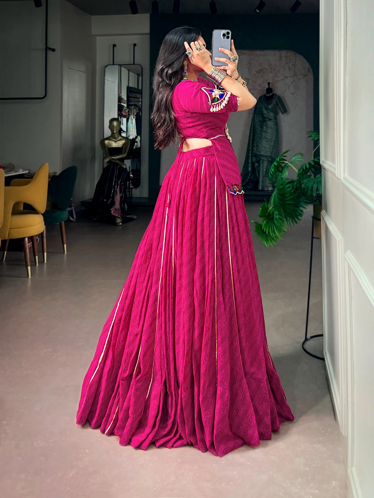 Women's Lehenga Choli in Magenta Georgette with Gota Patti and Gamthi Mirror Work