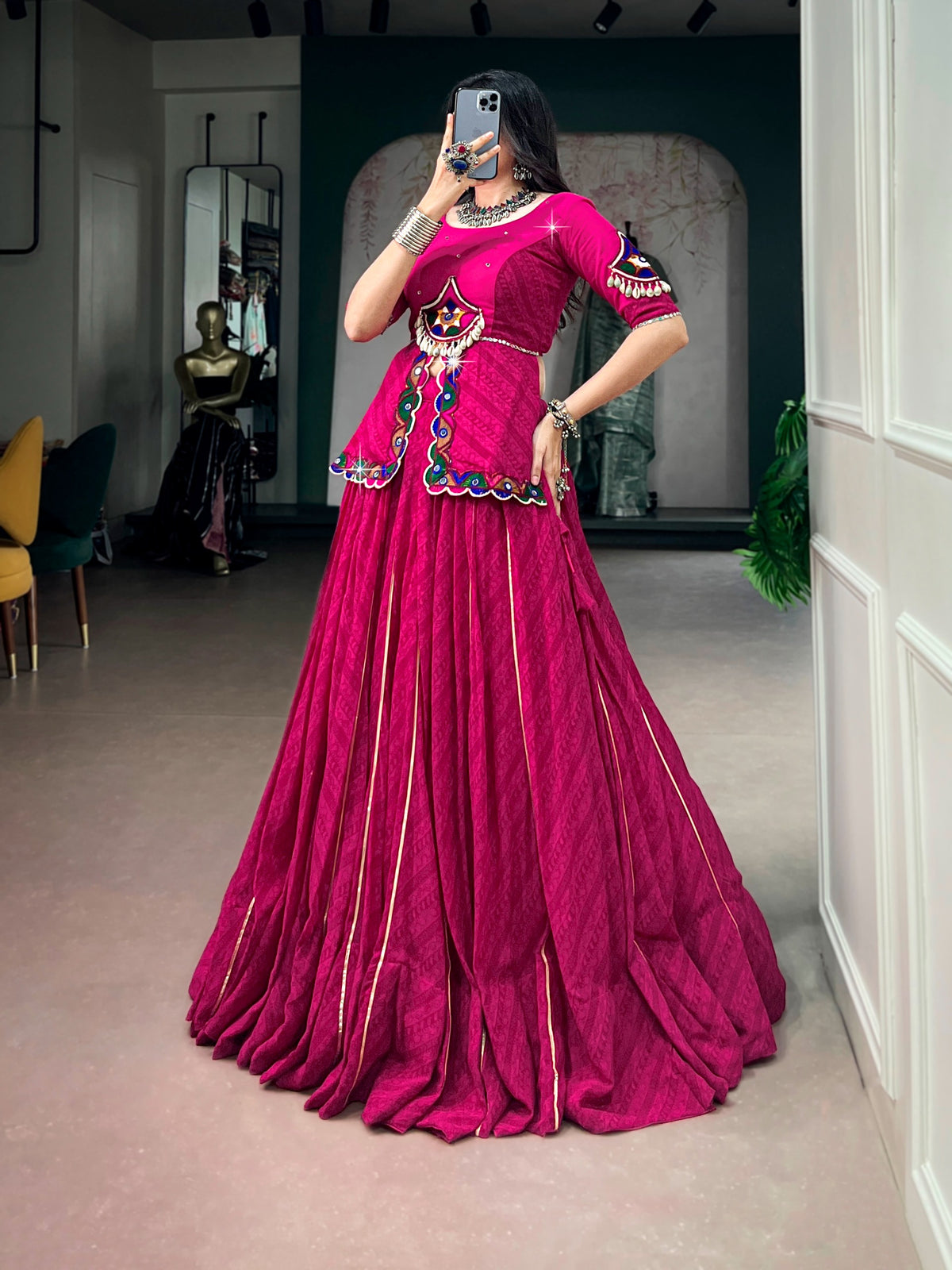 Women's Lehenga Choli in Magenta Georgette with Gota Patti and Gamthi Mirror Work