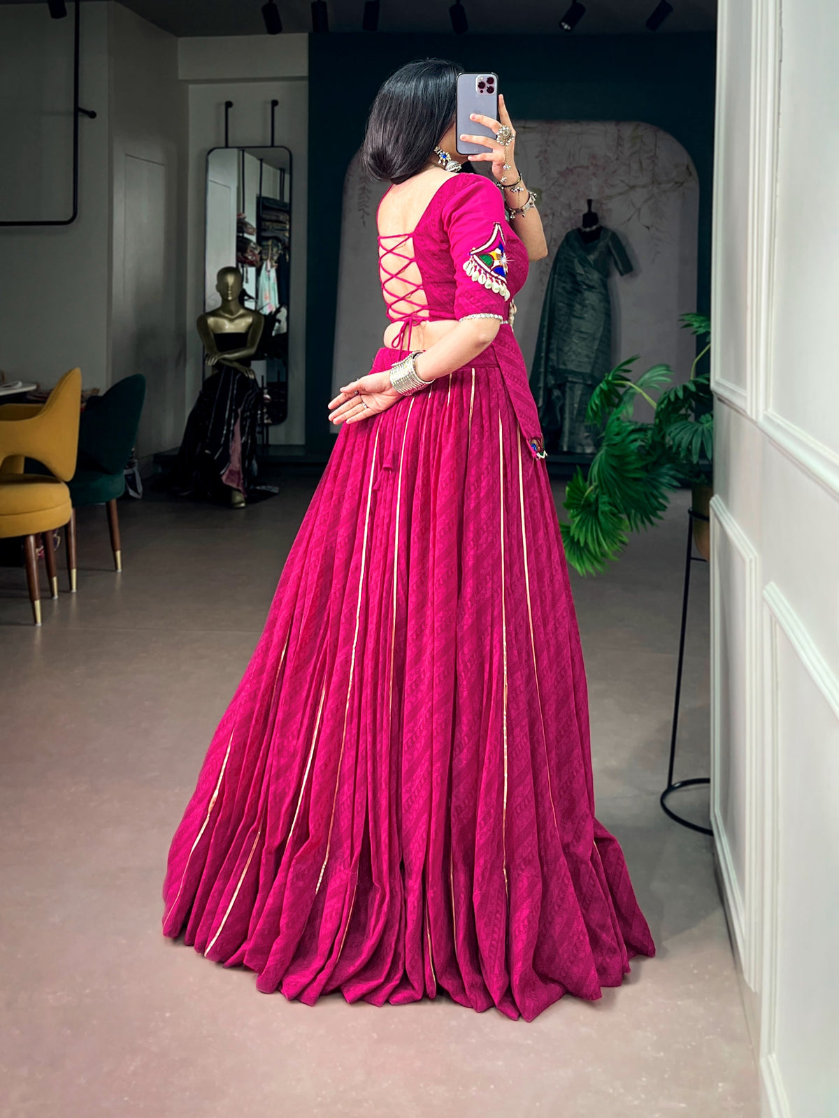 Women's Lehenga Choli in Magenta Georgette with Gota Patti and Gamthi Mirror Work