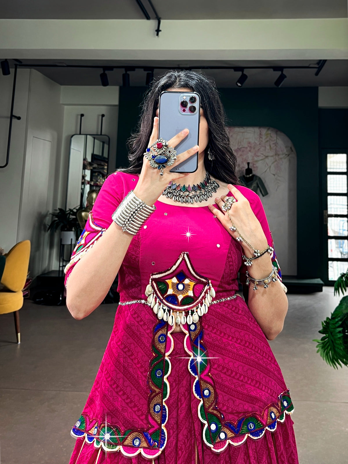 Women's Lehenga Choli in Magenta Georgette with Gota Patti and Gamthi Mirror Work