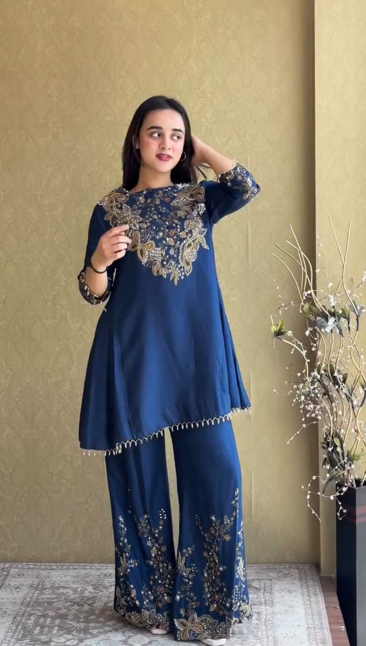 Women's Kurti Palazzo Set in Navy Blue Malai Crepe with Semi-Beads Embroidery