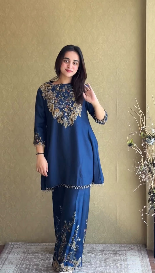 Women's Kurti Palazzo Set in Navy Blue Malai Crepe with Semi-Beads Embroidery