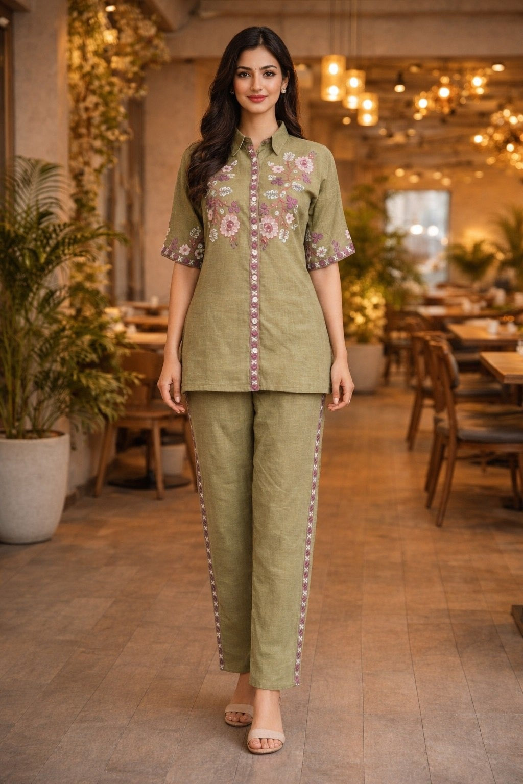 Women's Co-Ord Set in Light Pink Cotton Silk with Multi-Thread Embroidery