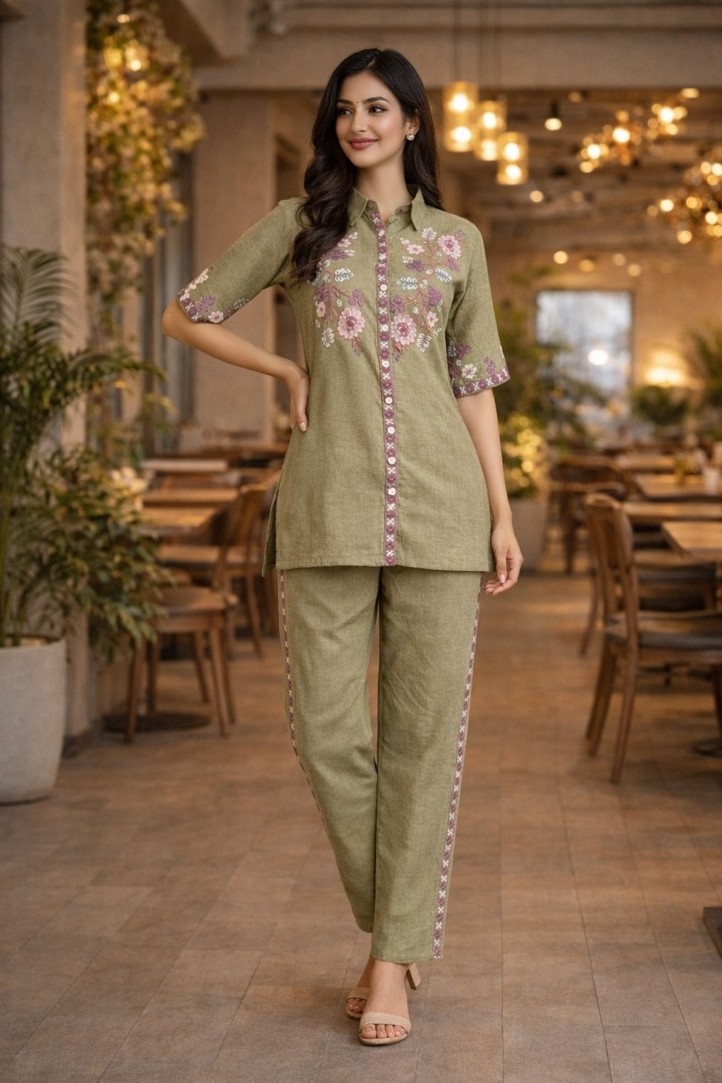 Women's Co-Ord Set in Light Pink Cotton Silk with Multi-Thread Embroidery