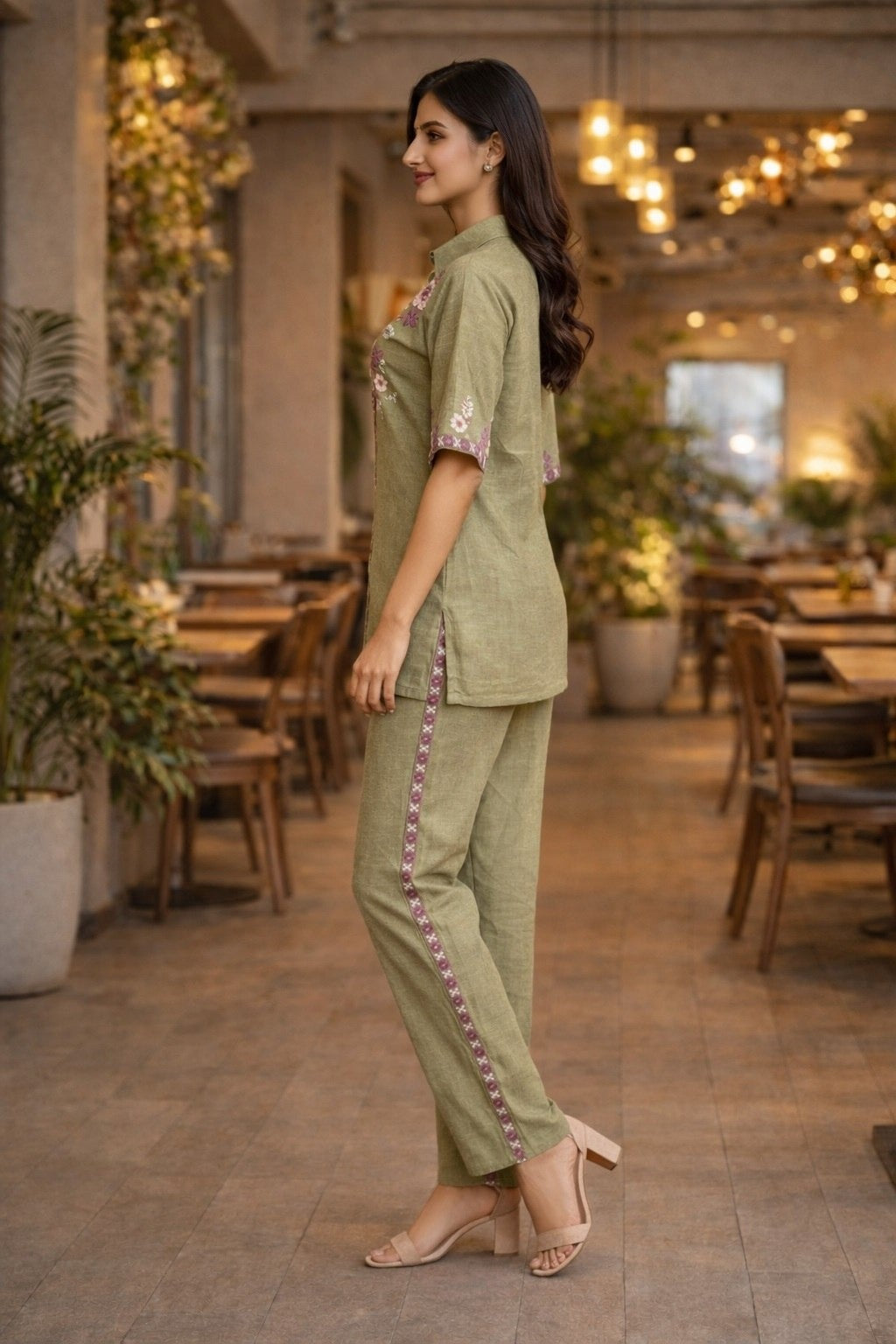 Women's Co-Ord Set in Light Pink Cotton Silk with Multi-Thread Embroidery