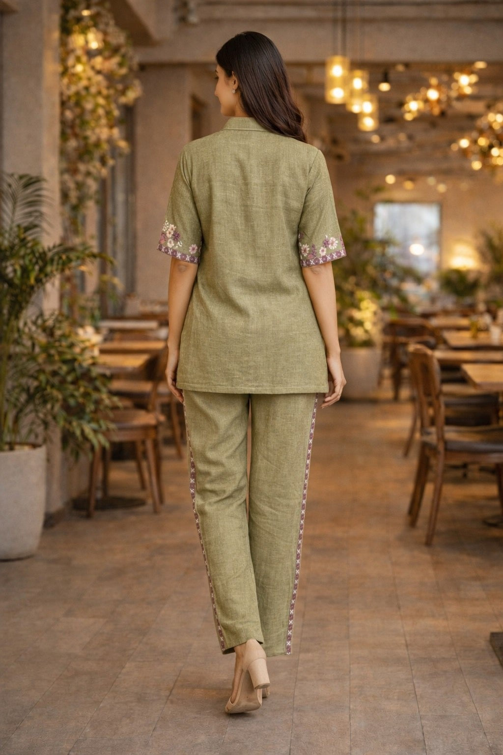 Women's Co-Ord Set in Light Pink Cotton Silk with Multi-Thread Embroidery