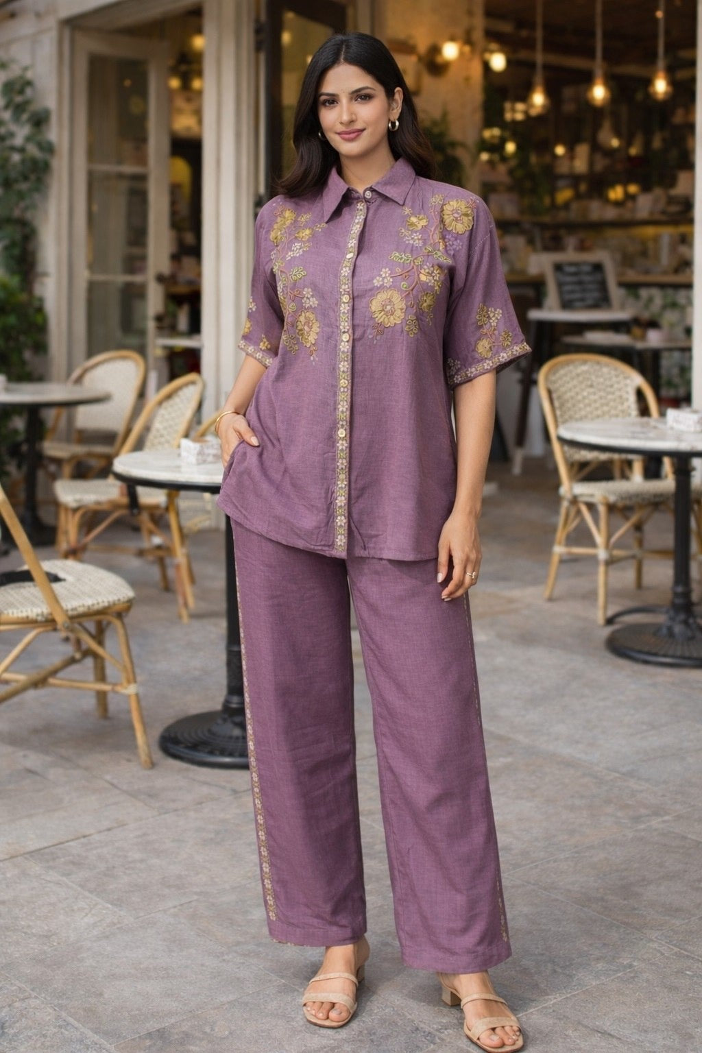 Women's Co-Ord Set in Light Pink Cotton Silk with Multi-Thread Embroidery