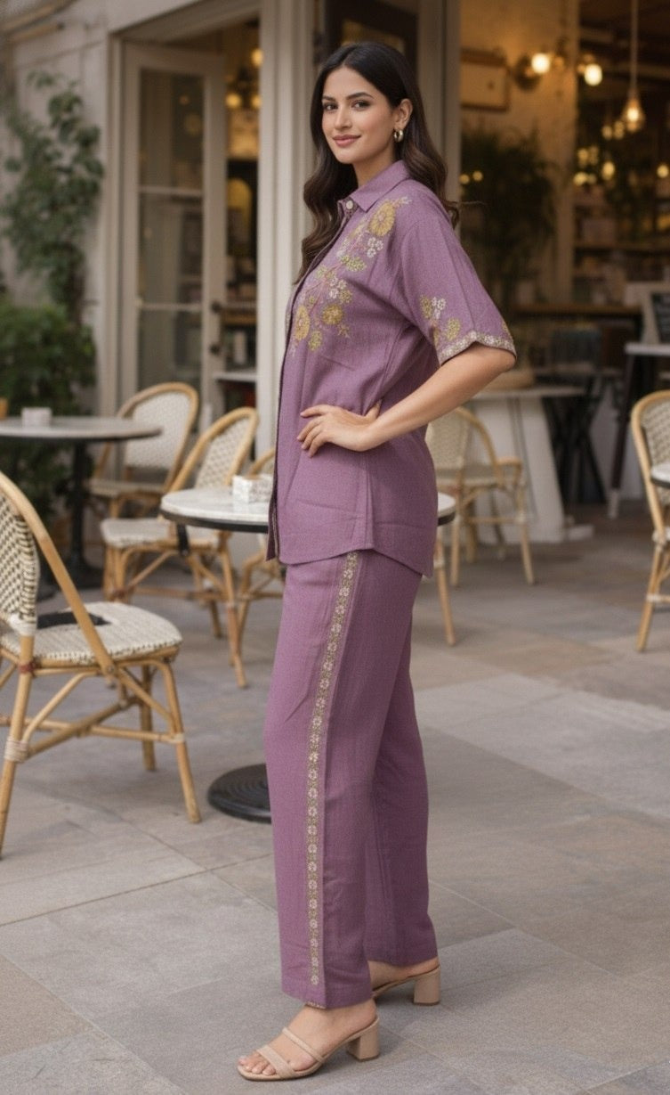 Women's Co-Ord Set in Light Pink Cotton Silk with Multi-Thread Embroidery