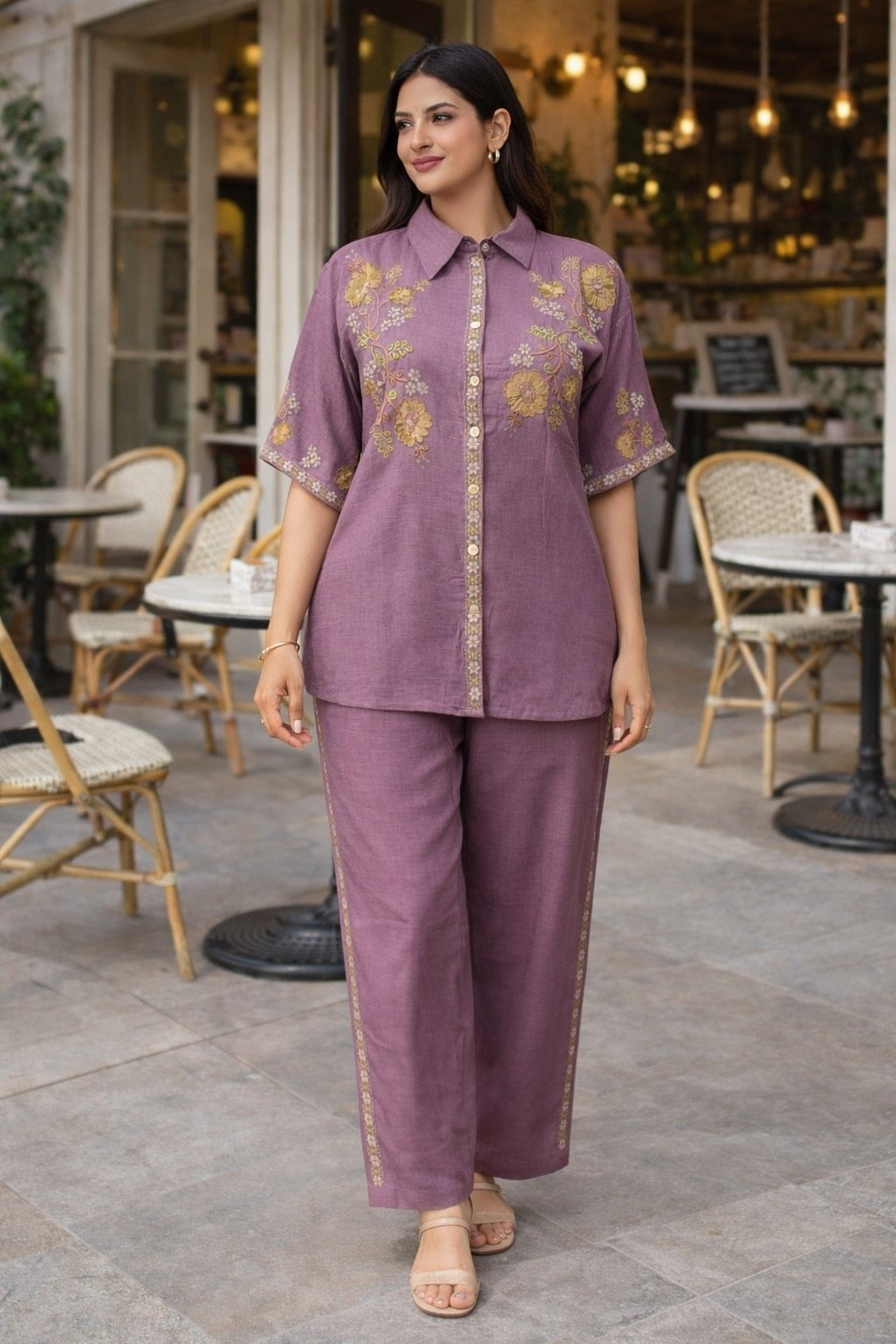 Women's Co-Ord Set in Light Pink Cotton Silk with Multi-Thread Embroidery