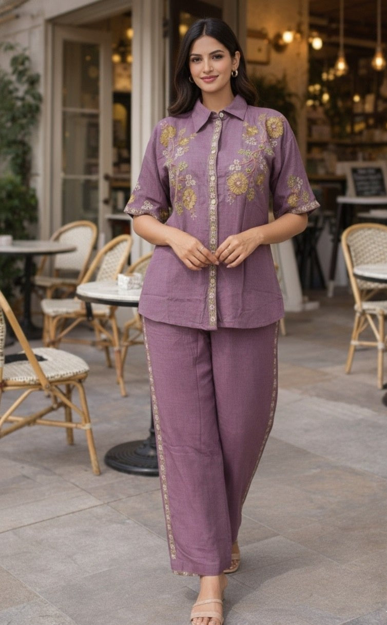 Women's Co-Ord Set in Light Pink Cotton Silk with Multi-Thread Embroidery